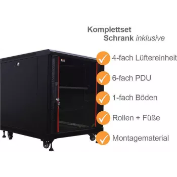 IT-BUDGET 19 inch serverkast SRK compleetset - 12U - 600x1000 mm - glas/stalen deur - 4 actieve ventilatoren - PDU - legborden - flatpack - zwart 90ITB19SRK12610GS