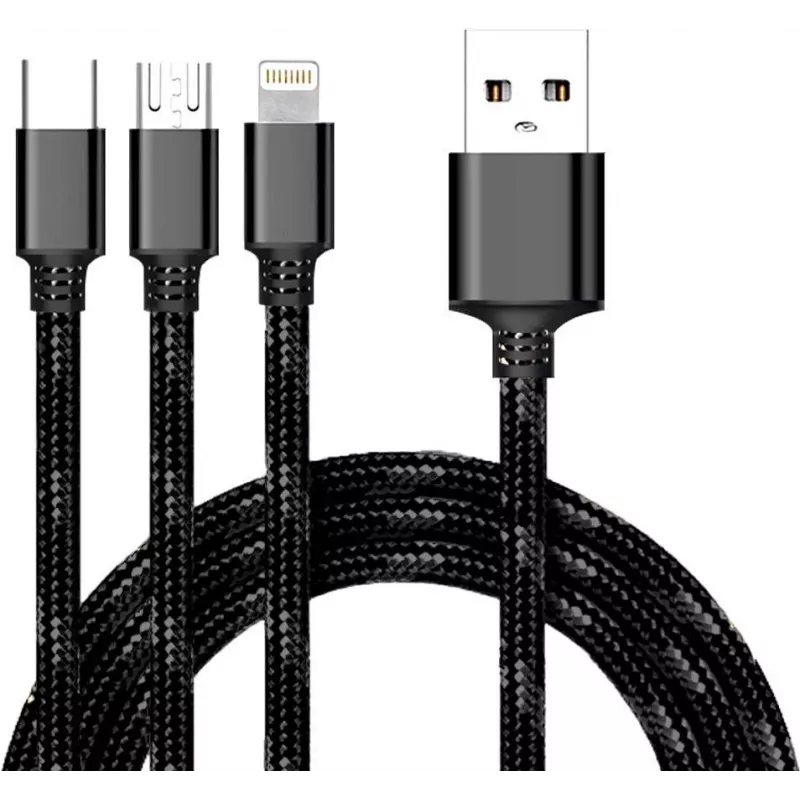 CYOO 3-in-1 USB-oplaad- en datakabel – Micro USB, USB-C, Lightning – zwart