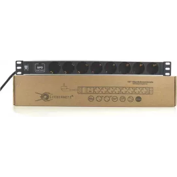 Liebernetz 19 inch rackmount stekkerdoos met 8 Schuko-stopcontacten, overspanningsbeveiliging, 1U, aluminium, zwart 90LNSDL198SSP