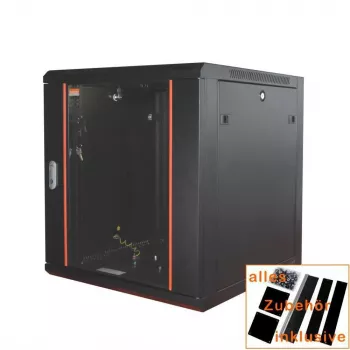 IT-BUDGET 19 inch netwerkkast SWA - 12U - 570x600 mm - glazen deur - afneembare zijpanelen - wand-/vloermontage - accessoireset - zwart 90ITB19WS1266GS