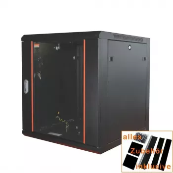IT-BUDGET 19 inch netwerkkast SWA - 12U - 570x600 mm - glazen deur - afneembare zijpanelen - wand-/vloermontage - accessoireset - zwart 90ITB19WS1266GS
