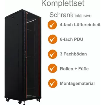 IT-BUDGET 19 inch netwerkkast SRK compleetset - 38U - 600x600 mm - glazen/stalen deur - 4 actieve ventilatoren - PDU - legplanken - flatpack - zwart (90ITB19SRK3866GS)