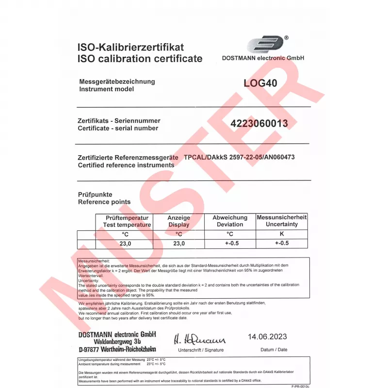 TFA Dostmann LOG40 ISO-gekalibreerde temperatuurdataregistratie USB PDF, -40 tot +60 °C
