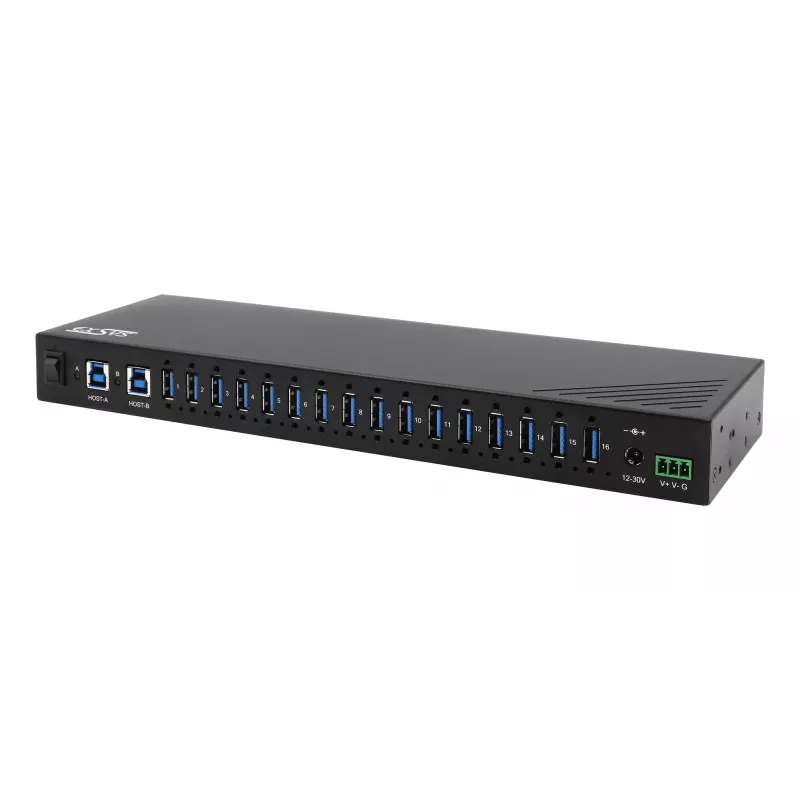 EXSYS EX-11236HMS 16-poorts USB 3.2 Gen 1 industriële hub met 15KV ESD-bescherming, wand- & DIN-railmontage