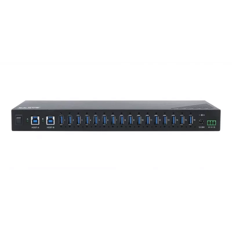 EXSYS EX-11236HMS 16-poorts USB 3.2 Gen 1 industriële hub met 15KV ESD-bescherming, wand- & DIN-railmontage