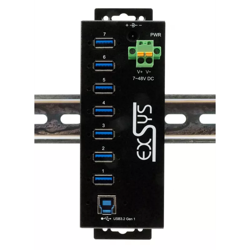 EXSYS USB 3.2 Gen1 7-poorts industriële hub met DIN-railkit en 15kV ESD-beveiliging (EX-1187HMVS-2)
