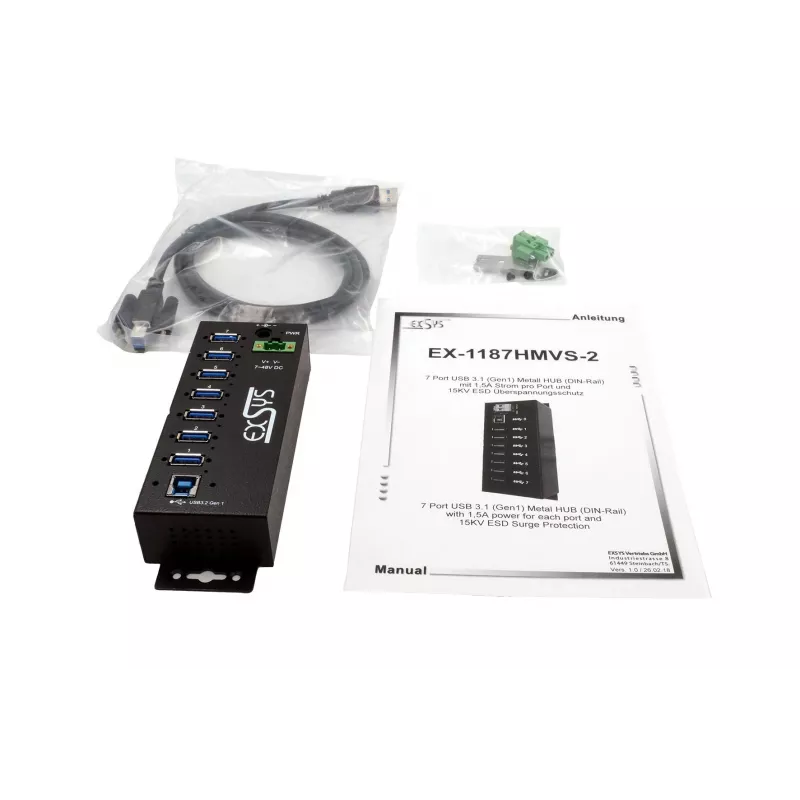 EXSYS USB 3.2 Gen1 7-poorts industriële hub met DIN-railkit en 15kV ESD-beveiliging (EX-1187HMVS-2)