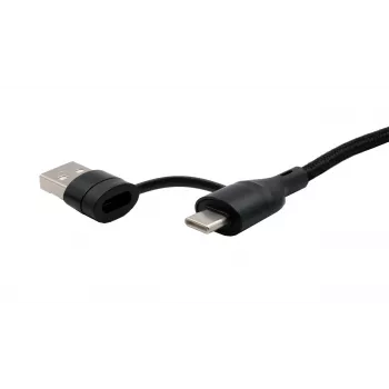 EXSYS EX-K1404 2-in-1 naar 3-in-1 USB-C/A naar USB-C/Micro B/Lightning nylon gevlochten multi-oplaad- en datakabel, 1,2m, zwart