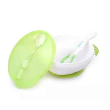 Kidsme zuigkom met deksel en thermische lepel, limoengroen, 9m+