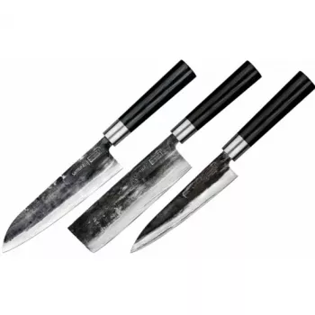 SAMURA SP5-0220 3-delige keukenmessenset, AUS-8 RVS messen, zwarte ABS handvatten, schil-, universeel- en koksmes