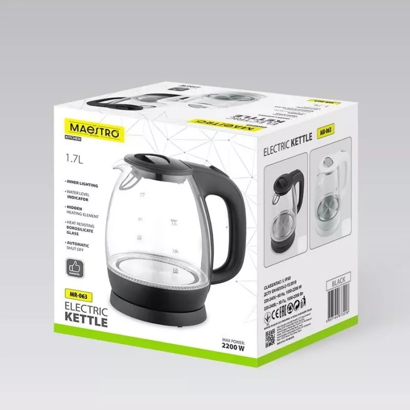 Maestro MR-063 zwarte waterkoker 1,7 L 2200 W