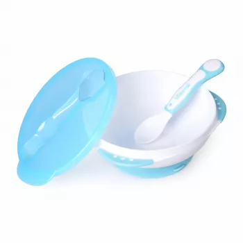 Kidsme baby-set om te voeden met zuigkom, deksel en thermolepel, aquamarijn, 9+ maanden