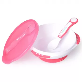 Kidsme baby-leerkom-set met zuigvoet, deksel en thermometer-lepel, lavendel, 9m+