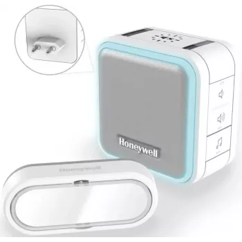 Honeywell DC515SP2L draadloze deurbel met stekkergong en drukknop, 150 m bereik, 6 melodieën, wit