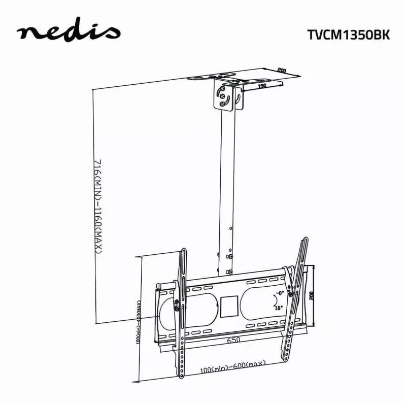 Nedis TVCM1350BK tv-plafondbeugel, 42-65 inch, VESA tot 600x400, zwart