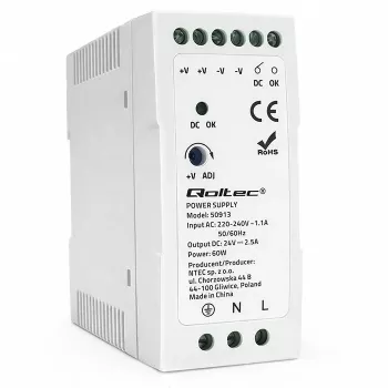 Qoltec DIN-dinrail voeding 60W 24V 2,5A wit slim
