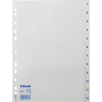 LEITZ Esselte kunststof register, genummerd 1-12, A4, wit, universele perforatie, 10 sets (100153)