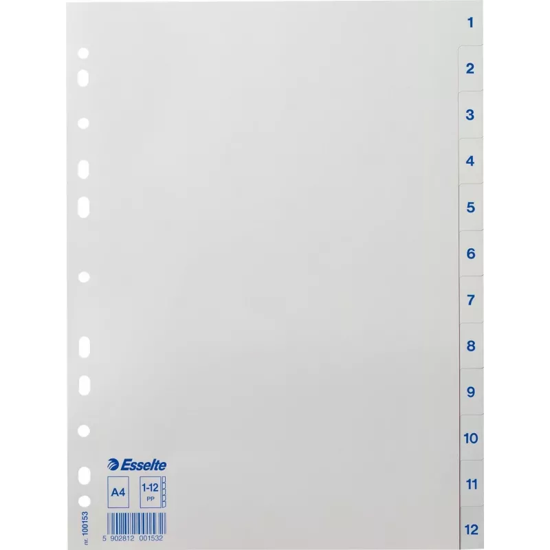 LEITZ Esselte kunststof register, genummerd 1-12, A4, wit, universele perforatie, 10 sets (100153)