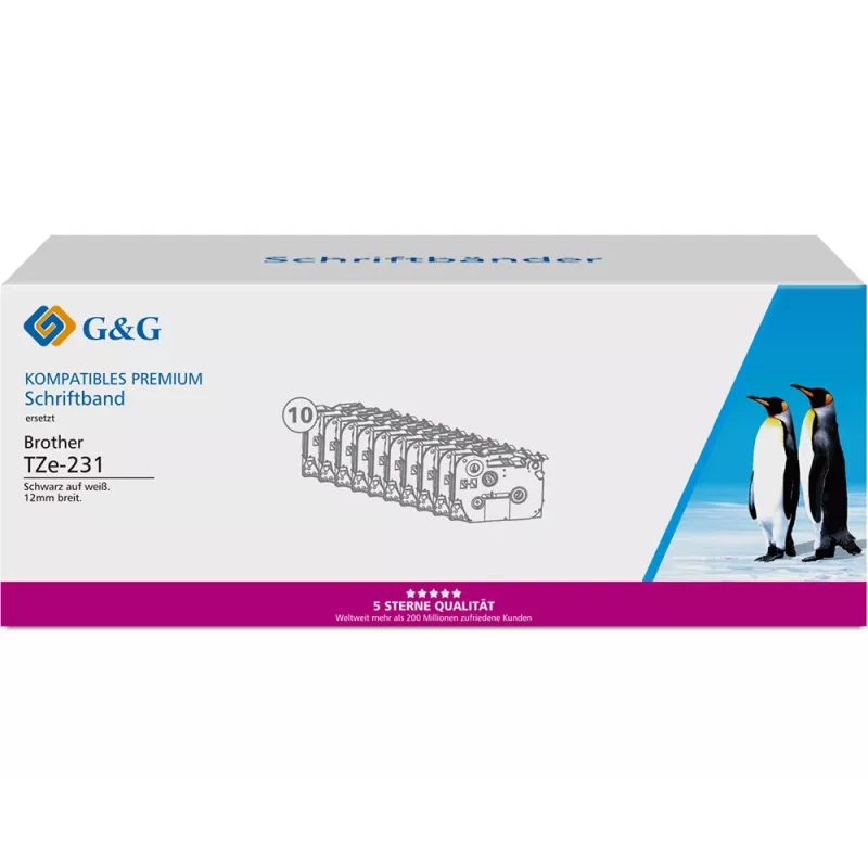 G&G 20100 compatibele labeltapecassette voor Brother TZe-231, 12 mm, zwart op wit, 10-pack