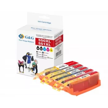 G&G compatibele high-yield inktcartridgeset voor Canon PGI-550XL/CLI-551XL (5-pack: zwart, cyaan, magenta, geel) 14790