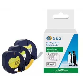 G&G TD-RL-D-91201/2/8-3P labeltape-set, 12 mm, 3-pack (wit, geel, zilver op zwart), compatibel met DYMO D1