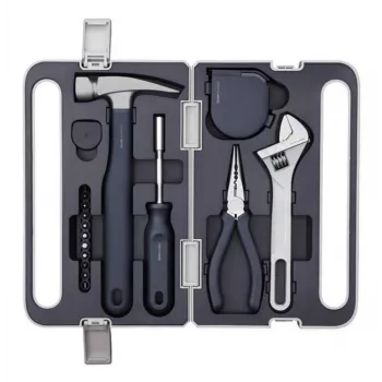 HOTO QWSGJ002 12-in-1 huishoudelijk handgereedschapset met ratelschroevendraaier, klauwhamer, tang, steeksleutel, meetlint, universeel mes, spanningstester, isolatietape in ABS-koffer HTT0018GL