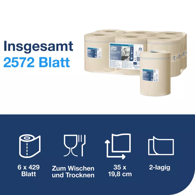 Tork Reflex Advanced M4 centrefeed poets papierrollen, 2-laags, naturel, 429 vel, 6 rollen 473481