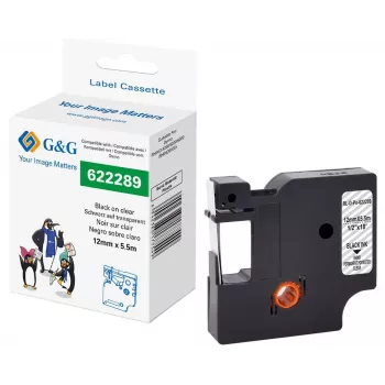 G&G polyester-etiketteerband-cartridge, transparant met zwarte print, 12 mm x 5,5 m, voor Dymo D1 RL-D-Po-622289-BK/CL-12MM*5.5M