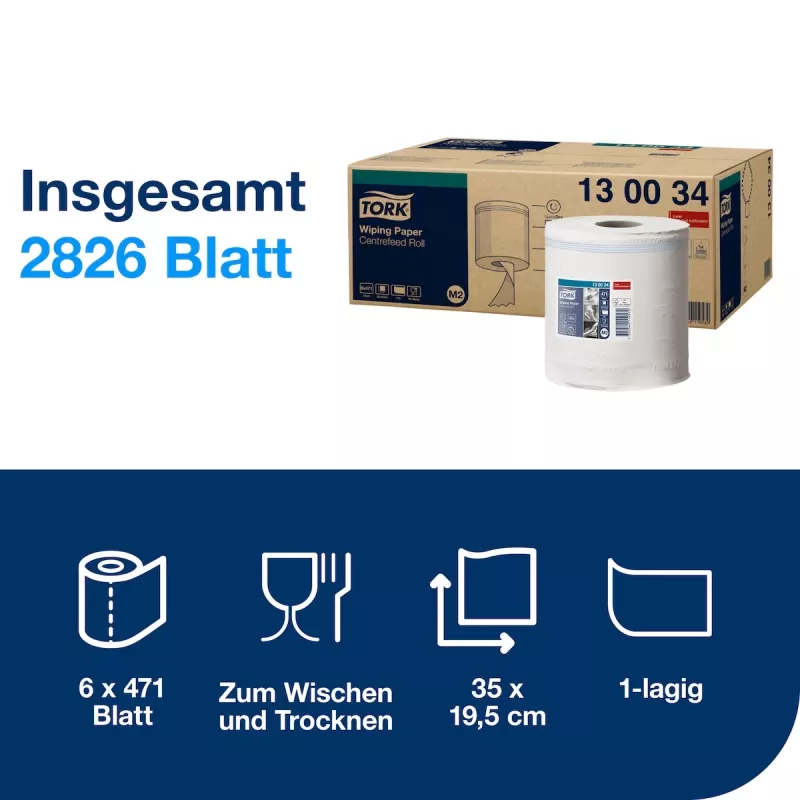 Tork Premium M2 centrefeed reinigingspapierrollen wit, 1-laags, 471 vellen, 6 rollen (130034)