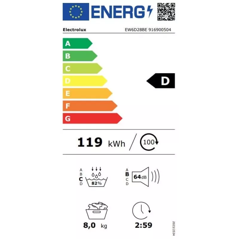 Electrolux EW6D28BE 8kg warmtepompdroger, A+++ energie-efficiëntieklasse, wit