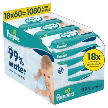 Pampers Aqua baby vochtige doekjes, 18 verpakkingen à 60, 1080 stuks, 99% zuiver water, parfumvrij