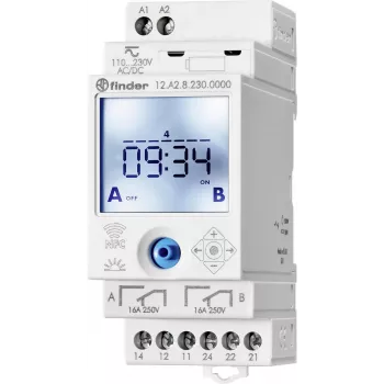 Finder 12A200240000 digitale astronomische tijdschakelaar, 2-kanaals, dagelijks/wekelijks/astro/feestdag/puls-programma's, DIN-rail, 230 V AC, 16 A