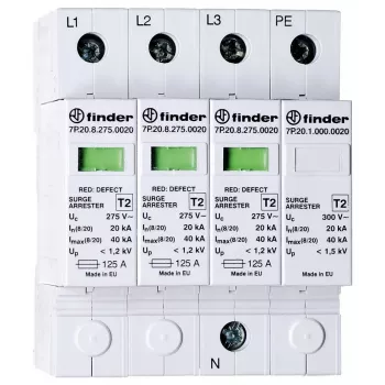 Finder 7P.24.8.275.K110 Type 2 overspanningsbeveiliging voor fotovoltaïsche installaties, 3-polig, 1100 V DC, 20 kA (8/20 µs), DIN-rail