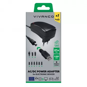 Vivanco universele AC/DC-voeding 27W met 7 DC-stekkers en USB-aansluiting VVITADAPT27WUN