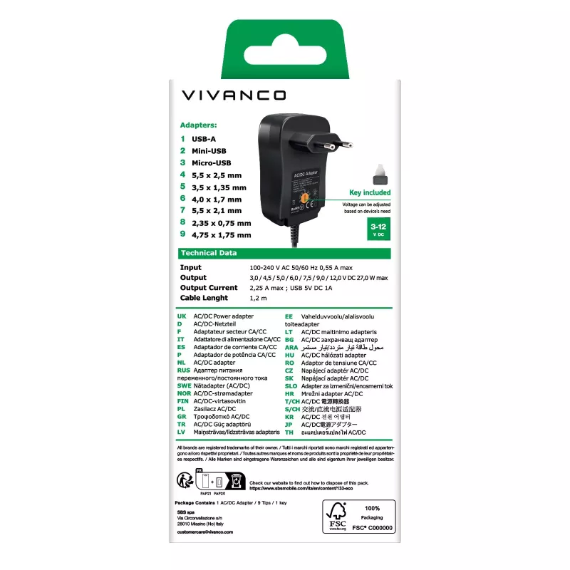 Vivanco universele AC/DC-voeding 27W met 7 DC-stekkers en USB-aansluiting VVITADAPT27WUN