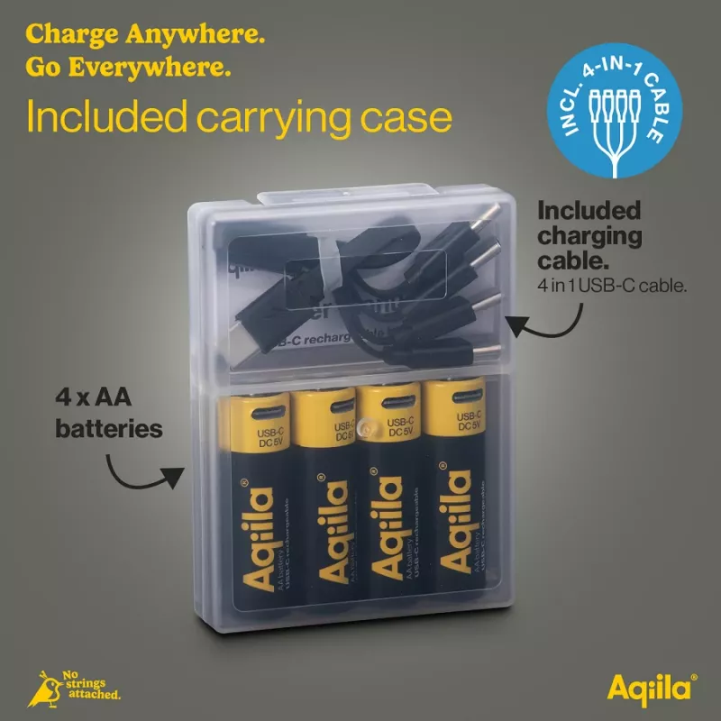 AQIILA USB-C oplaadbare AA lithium-ion-accu's, 1,2V, 4-pack (AQ200AA367C4)