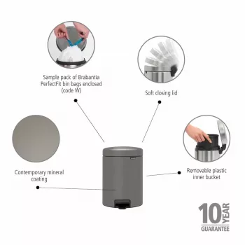 Brabantia NewIcon 5L pedaalemmer, Mineral Concrete Grey