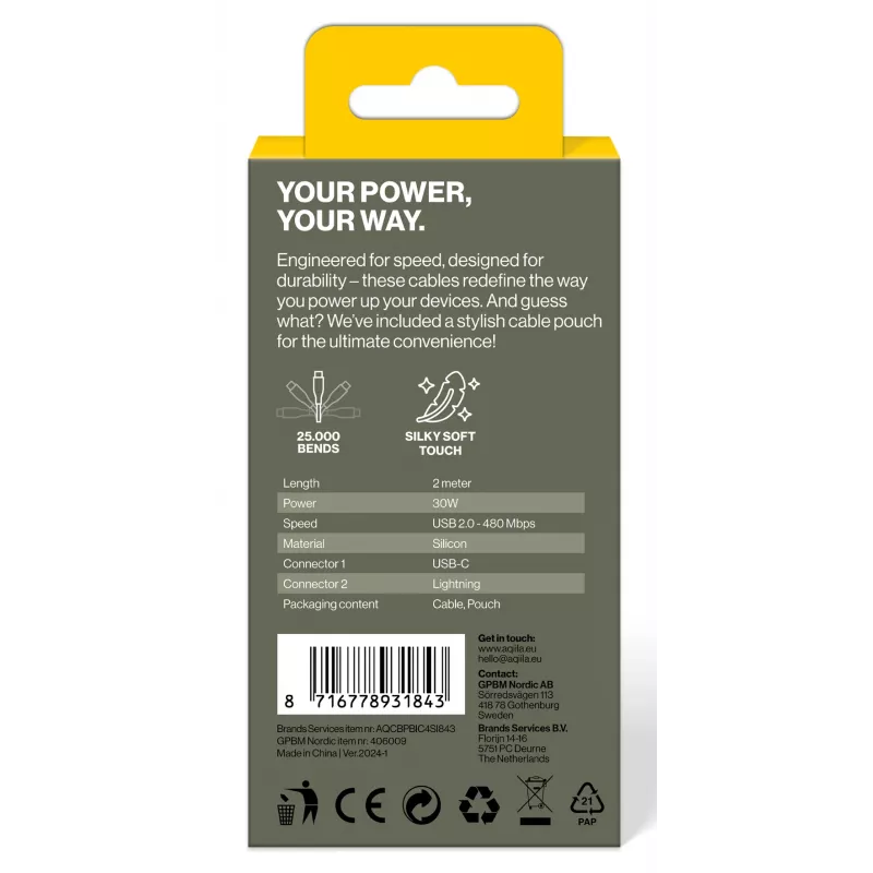 AQIILA 4SI843 USB-C naar Lightning laad- en synchronisatiekabel 2m 60W PD AQCBPBIC4SI843