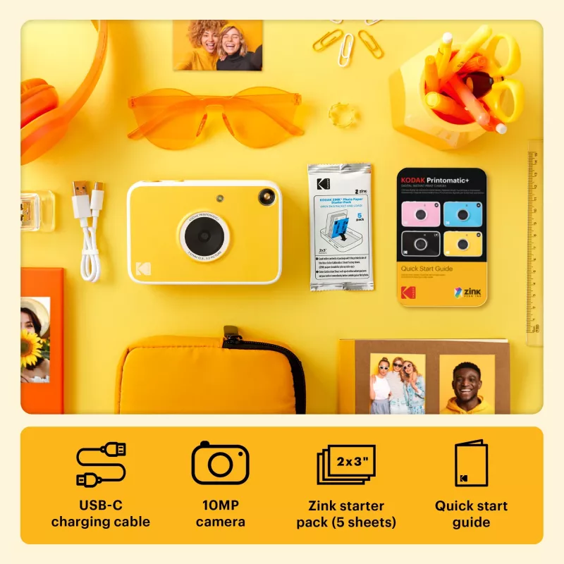 Kodak RODOMATICPYL digitale instantcamera met ZINK Zero Ink print, 10MP, 3,5 inch LCD, Bluetooth, USB-C, MicroSD