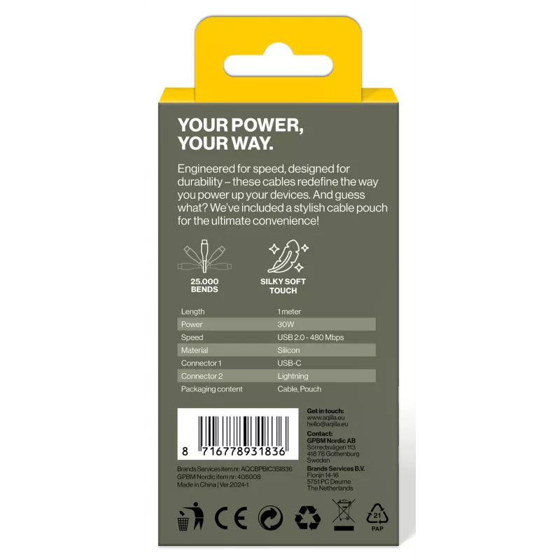 AQIILA 3SI836 USB-C naar Lightning laad- en synchronisatiekabel 1m AQCBPBIC3SI836
