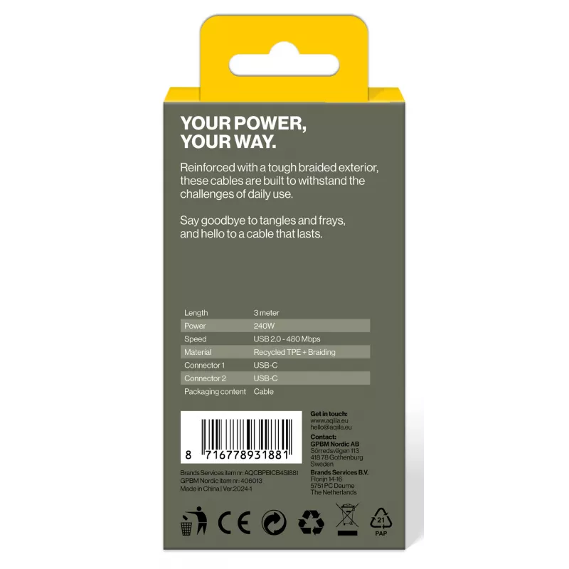 AQIILA USB-C naar USB-C laad- en synchronisatiekabel 3 m zwart AQCBPBICB4BD881