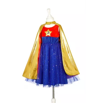 Souza! superheldin kostuumjurk met cape, roze/goud/blauw, 5-7 jaar (116-128 cm)