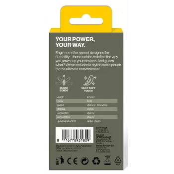 AQIILA Cablebird CS12 USB-C naar USB-C laad- en synchronisatiekabel 2m 60W zwart AQCBPBIC2SI829