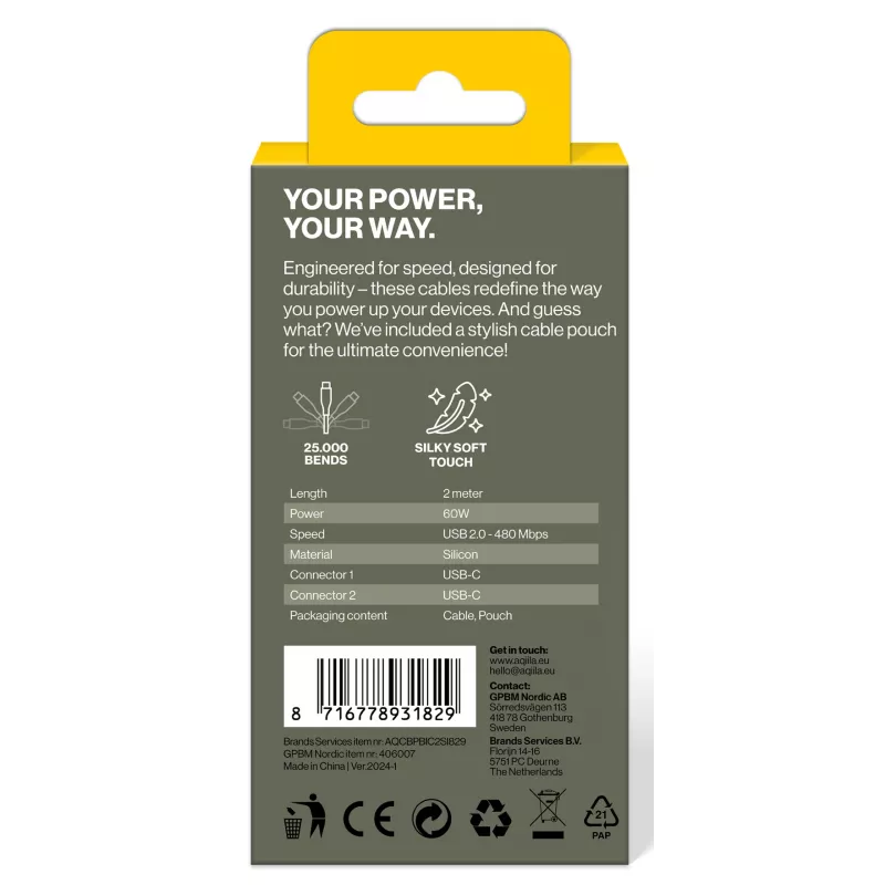AQIILA Cablebird CS12 USB-C naar USB-C laad- en synchronisatiekabel 2m 60W zwart AQCBPBIC2SI829