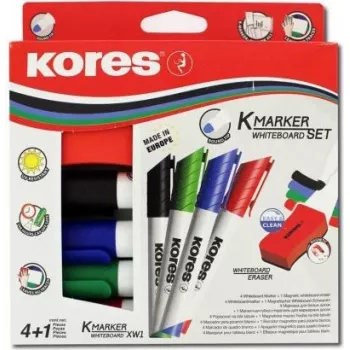 Kores whiteboardmarker-set, 4 markers + wisser, ronde punt, 3,0 mm, snel drogend, diverse kleuren M20863