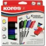 Kores whiteboardmarker-set, 4 markers + wisser, ronde punt, 3,0 mm, snel drogend, diverse kleuren M20863