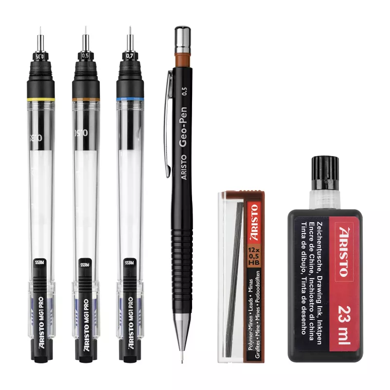 ARISTO mg1 pro college tekenvulpen-set, 3 vulpen 0,35 / 0,50 / 0,70 mm, 6-delig (AR64311)
