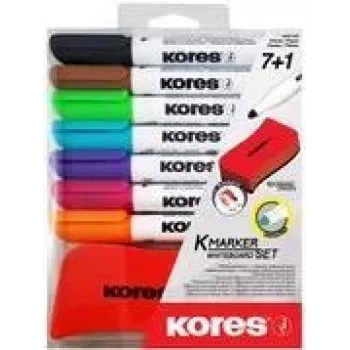 Kores whiteboardmarker set, 7 markers + wisser, ronde punt, 3,0 mm, sneldrogend, verschillende kleuren (M20866)