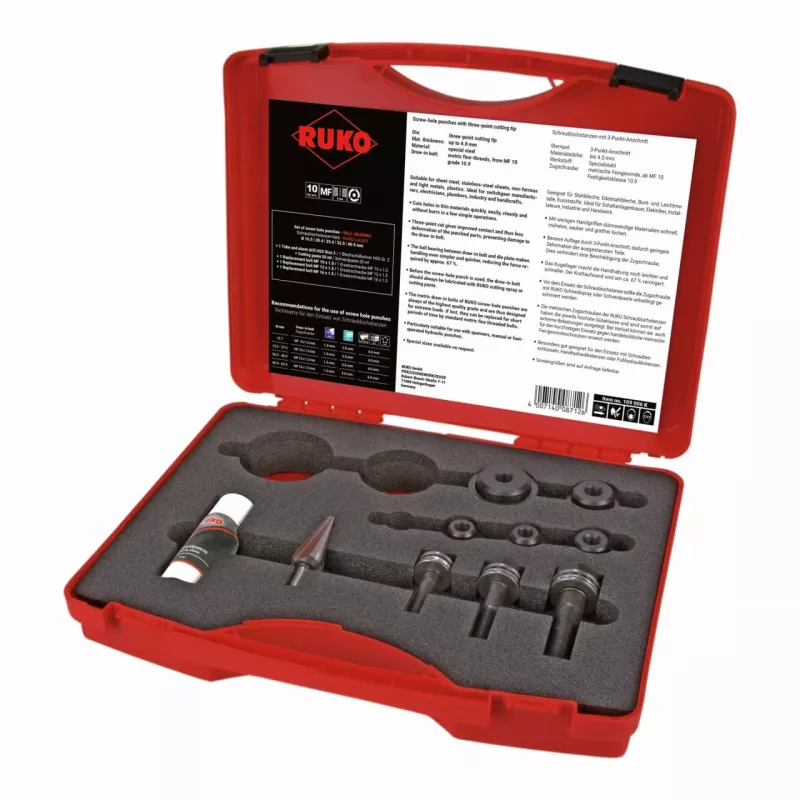 RUKO 109006K schroefgatenponsset, 10-delig, in kunststof koffer