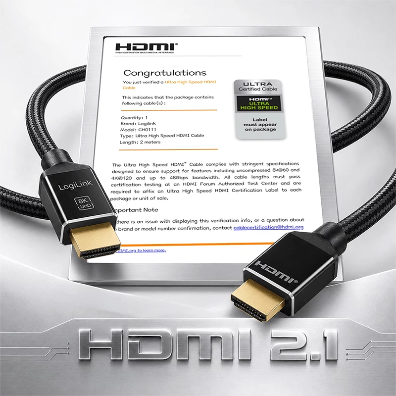 LogiLink HDMI-kabel A/M naar A/M 8K/60Hz 48Gbps metaal nylon gecertificeerd zwart 2m